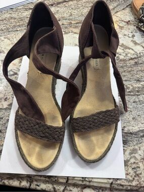 Tommy Hilfiger Brown Braided Espadrille Wedge Sandals with Ankle Wraps